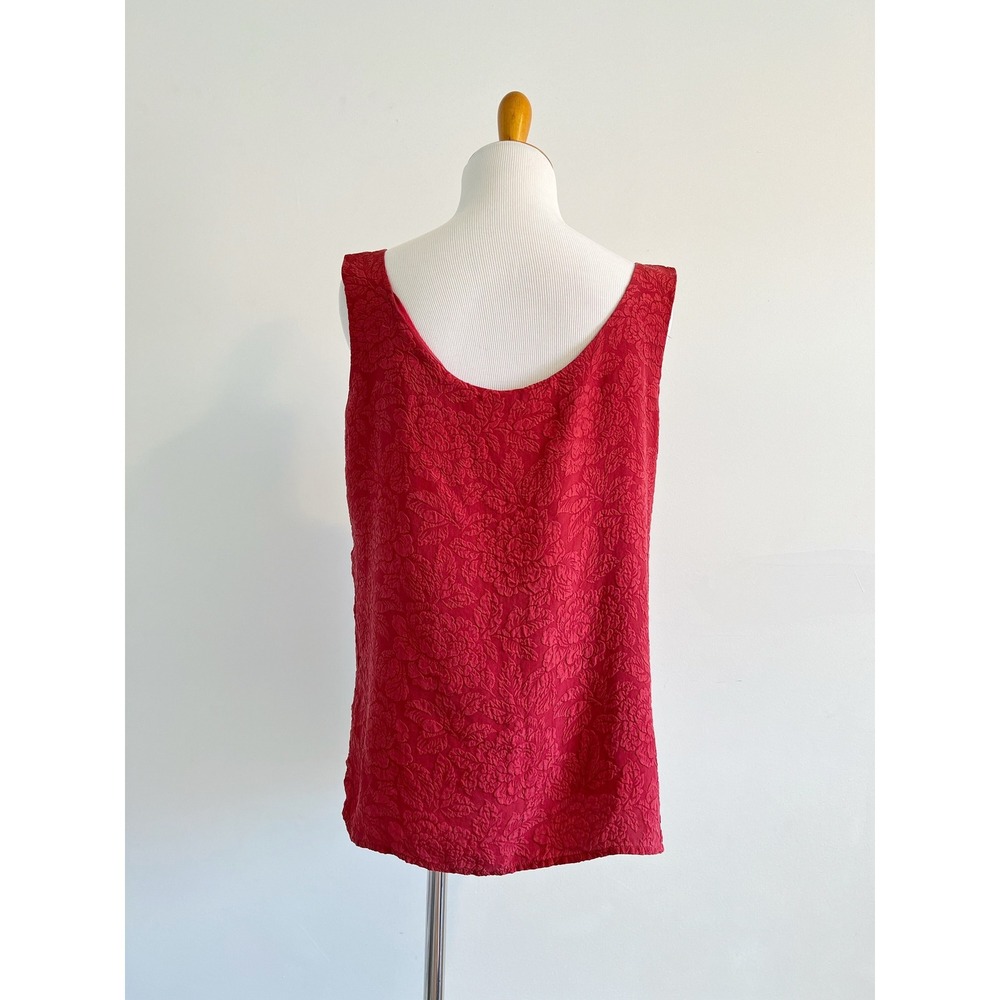 Vintage Red Silk Floral Textured Tank Top Jacquard Washed Silk Sleeveless Blouse - Picture 6 of 11